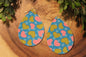 Pink and Green Hearts on Blue • Single Sided Faux Leather Teardrop Dangle Earrings