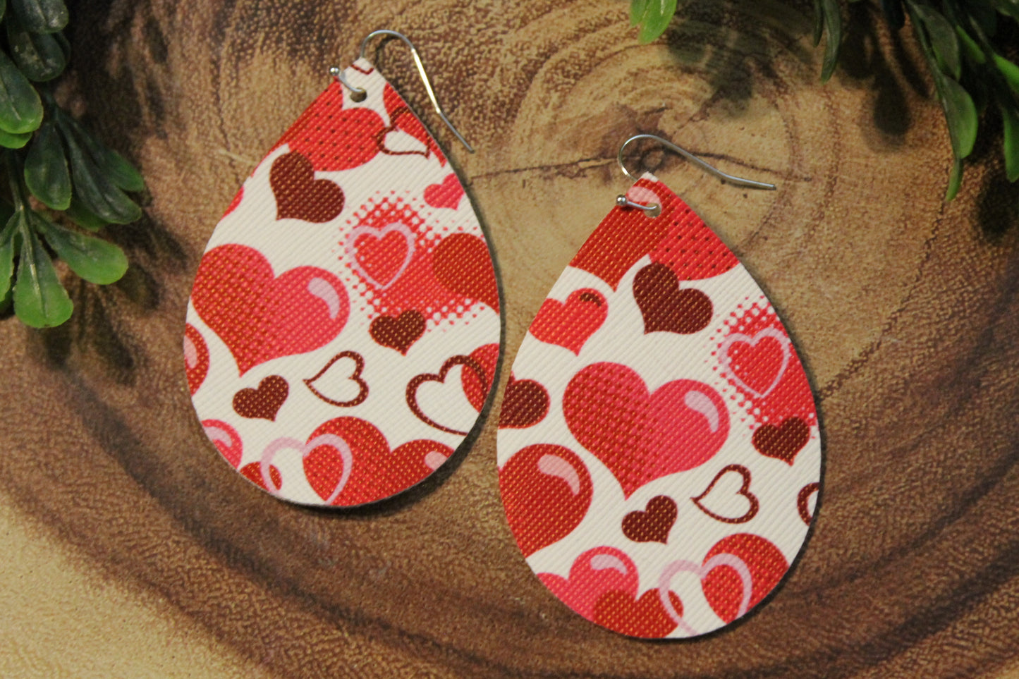 Magenta Hearts on White • Single Sided Faux Leather Teardrop Dangle Earrings