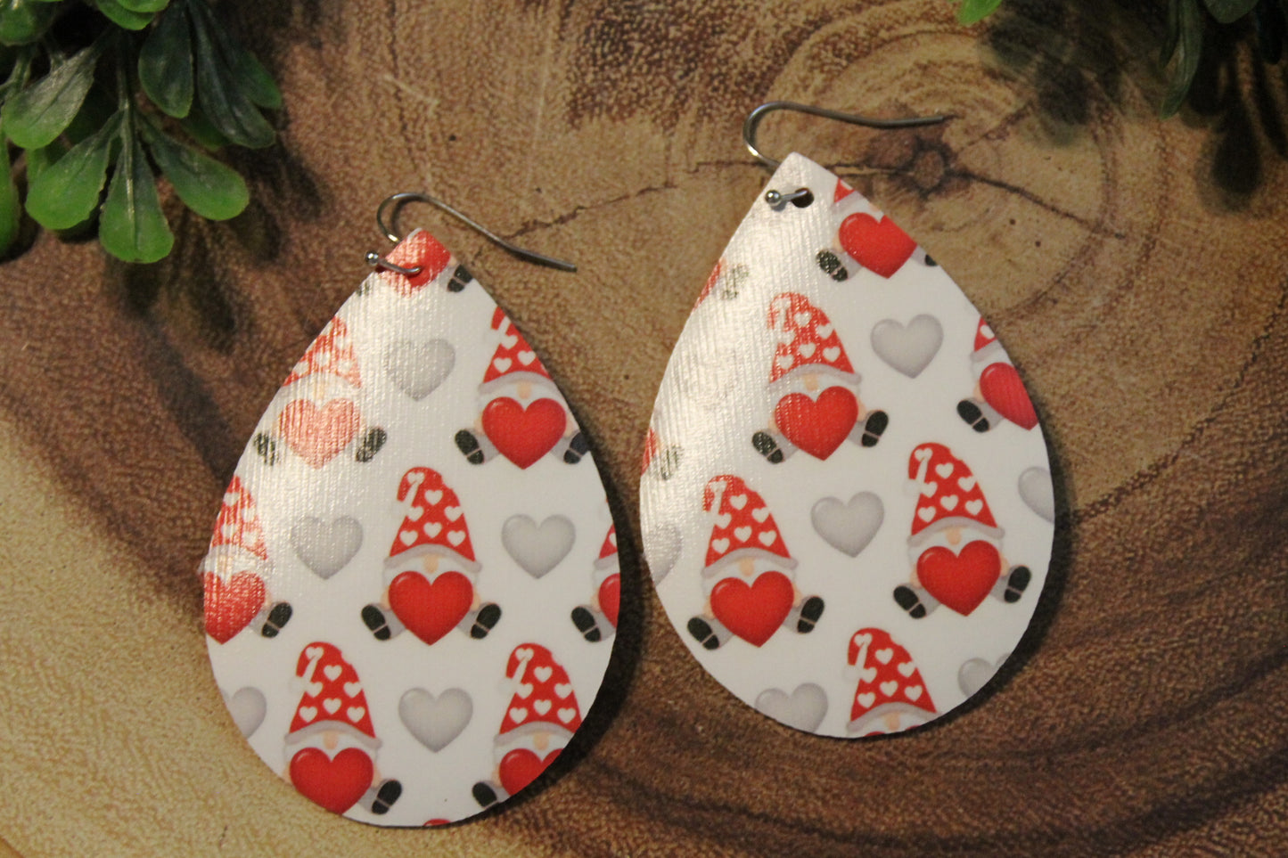 Valentine's Gnomes • Single Sided Faux Leather Teardrop Dangle Earrings