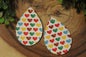 Colorful Hearts on White • Single Sided Faux Leather Teardrop Dangle Earrings