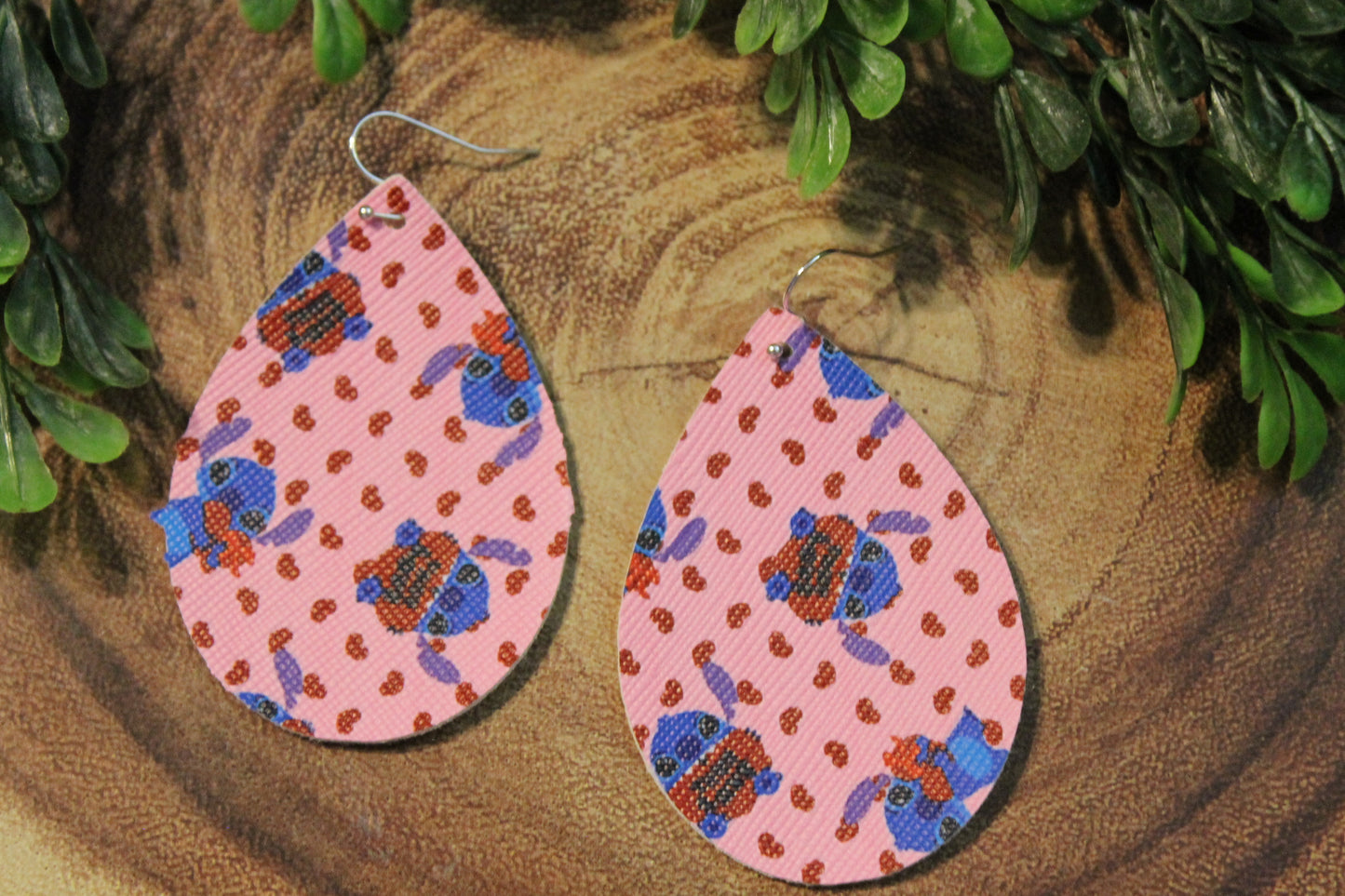 Love Stich on Pink • Single Sided Faux Leather Teardrop Dangle Earrings