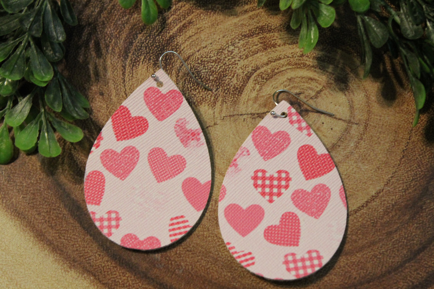 Pink Patterned Hearts • Single Sided Faux Leather Teardrop Dangle Earrings