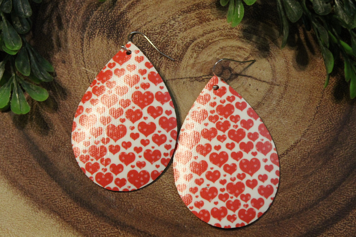 Tiny Red Hearts • Single Sided Faux Leather Teardrop Dangle Earrings