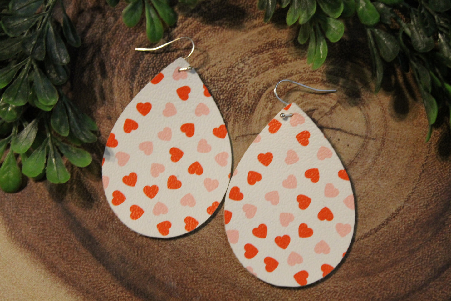 Tiny Red & Pink Hearts • Single Sided Faux Leather Teardrop Dangle Earrings