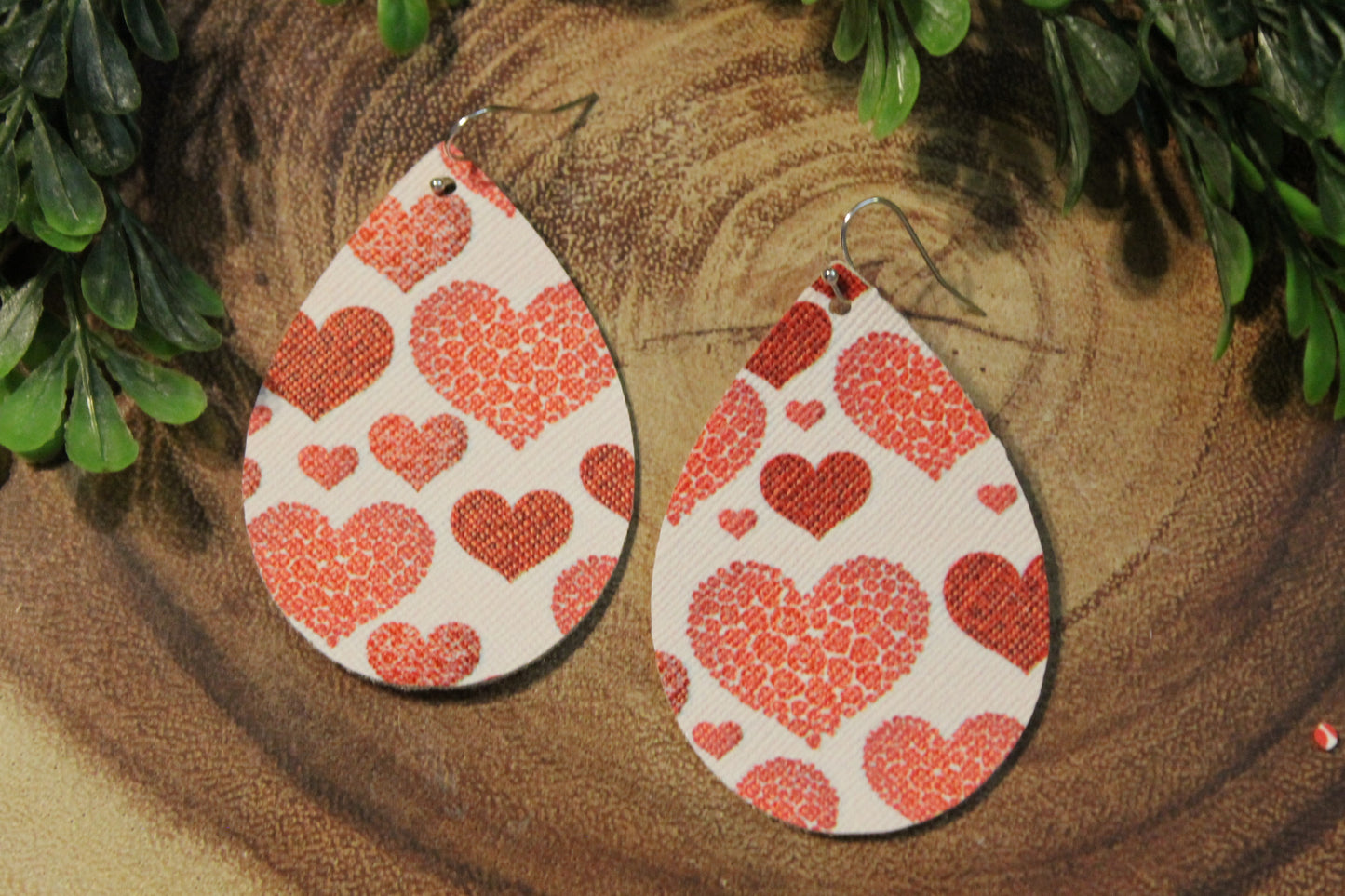 Red Patterned Hearts • Single Sided Faux Leather Teardrop Dangle Earrings