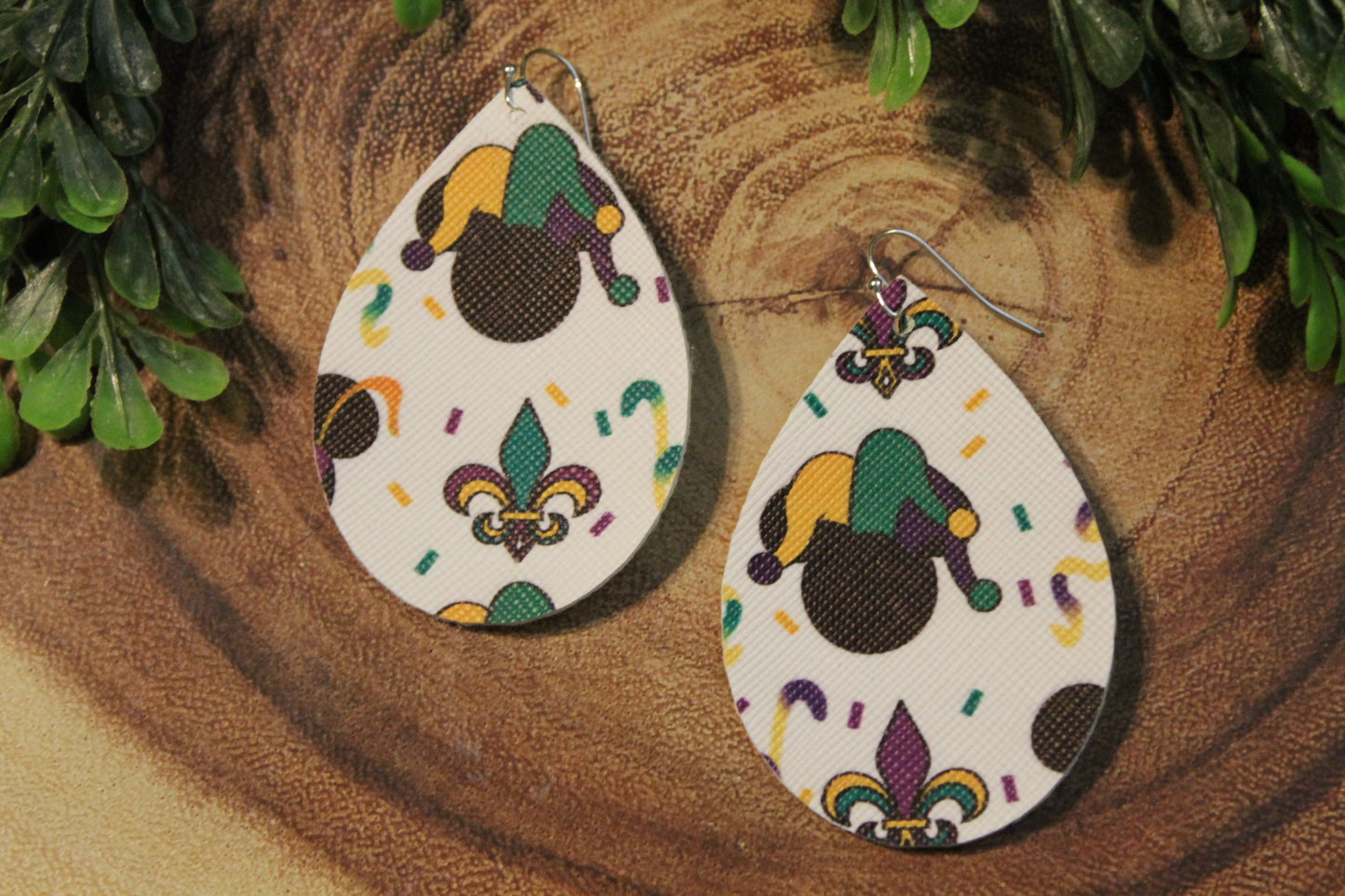 Mardi Gras Jester • Single Sided Faux Leather Teardrop Dangle Earrings