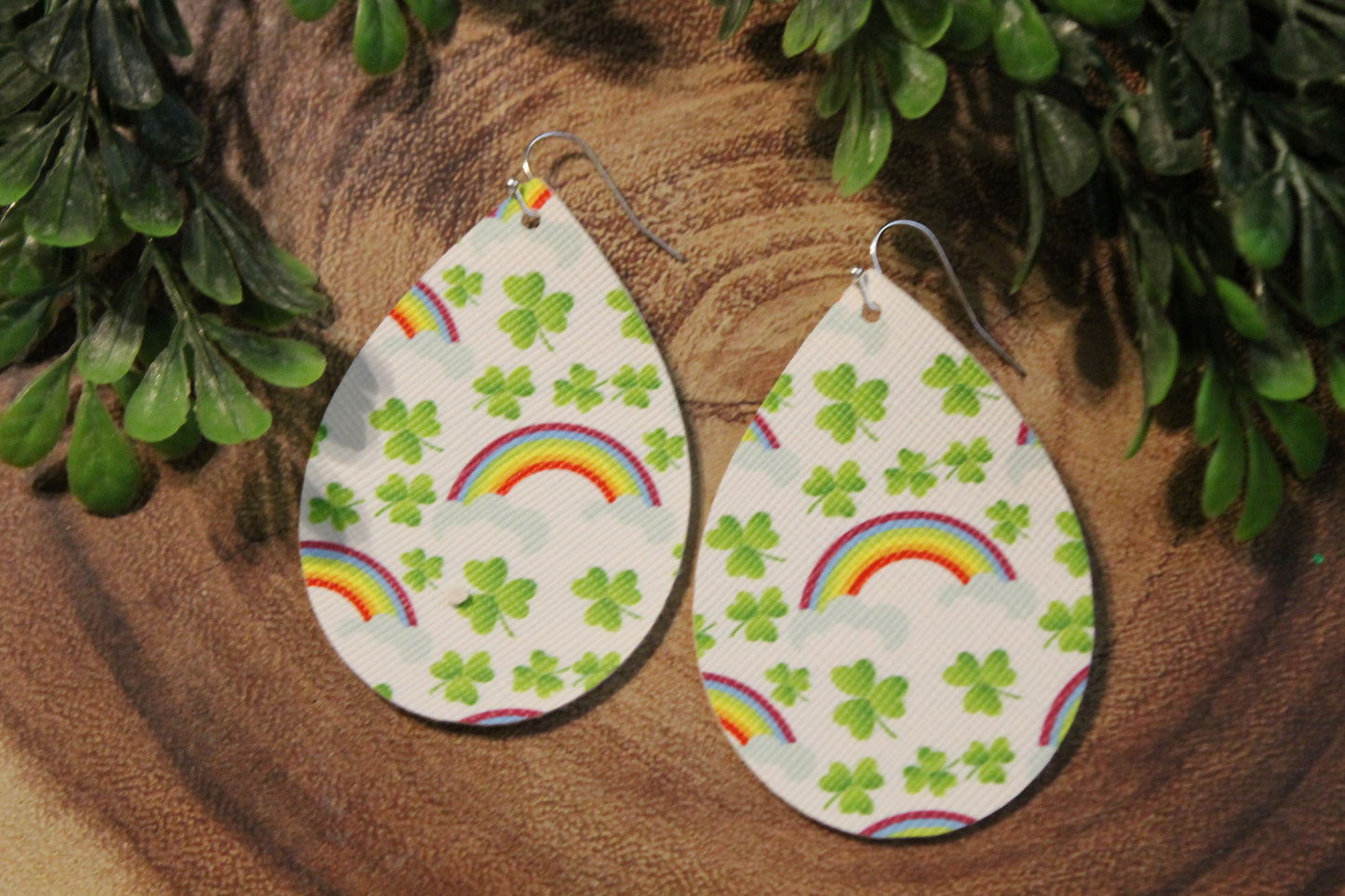 Rainbows and Shamrocks St. Patrick's Day • Single Sided Faux Leather Teardrop Dangle Earrings