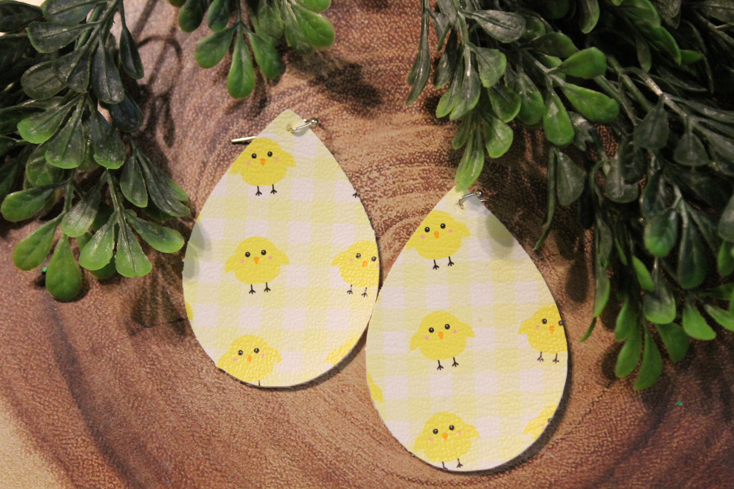 Yellow Chick Easter • Single Sided Faux Leather Teardrop Dangle Earrings