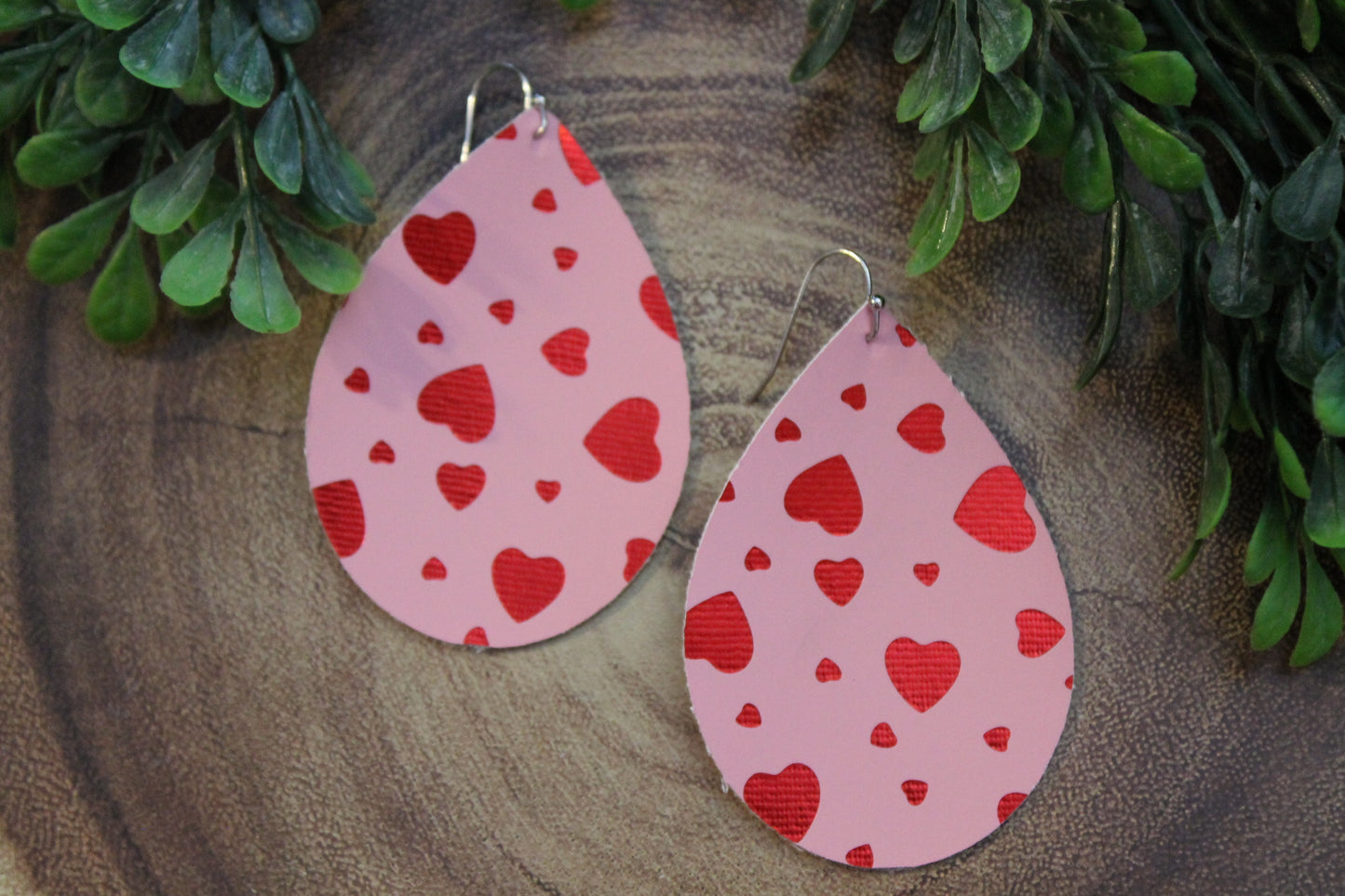 Red Metallic Hearts on Pink • Single Sided Faux Leather Teardrop Dangle Earrings