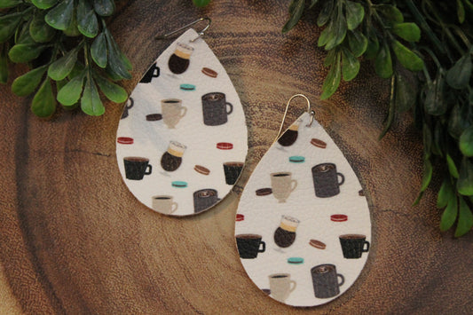 Coffee Mugs || Faux Leather Teardrop Dangle Earrings || Single-Sided