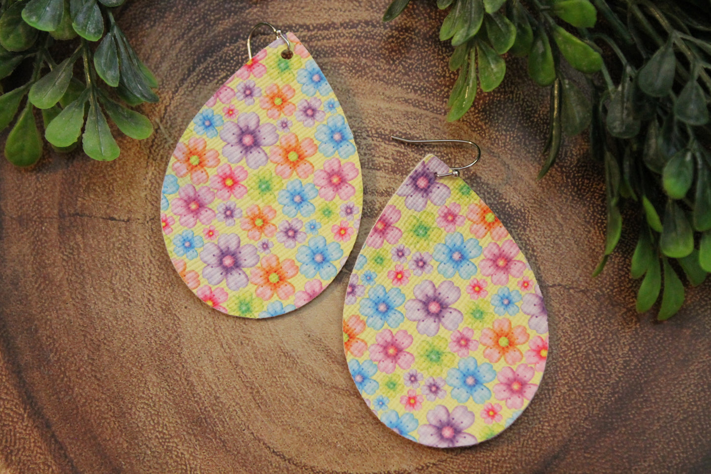 Colorful Flowers || Faux Leather Teardrop Dangle Earrings || Single-Sided