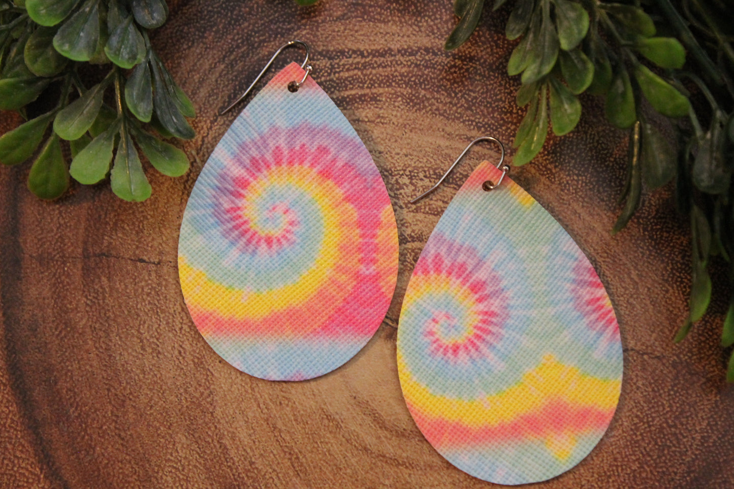 Tie Dye Swirl || Faux Leather Teardrop Dangle Earrings || Single-Sided