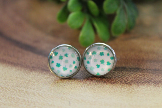 Tiny Shamrocks on White St. Patrick's Day • Stud Earrings