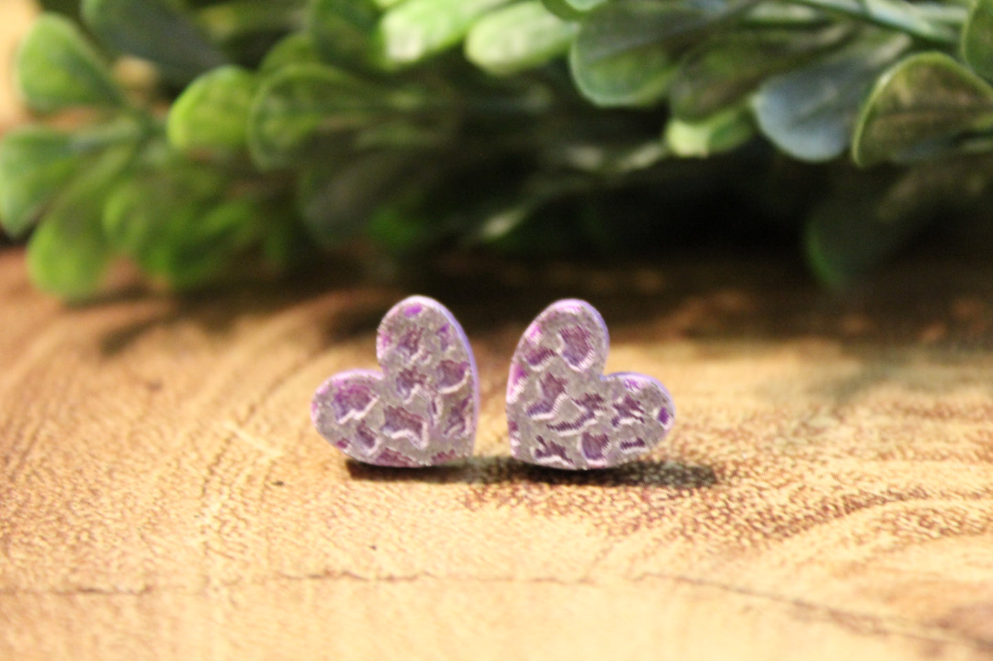 Purple Leopard Glitter Hearts Valentine's Day • Stud Earrings