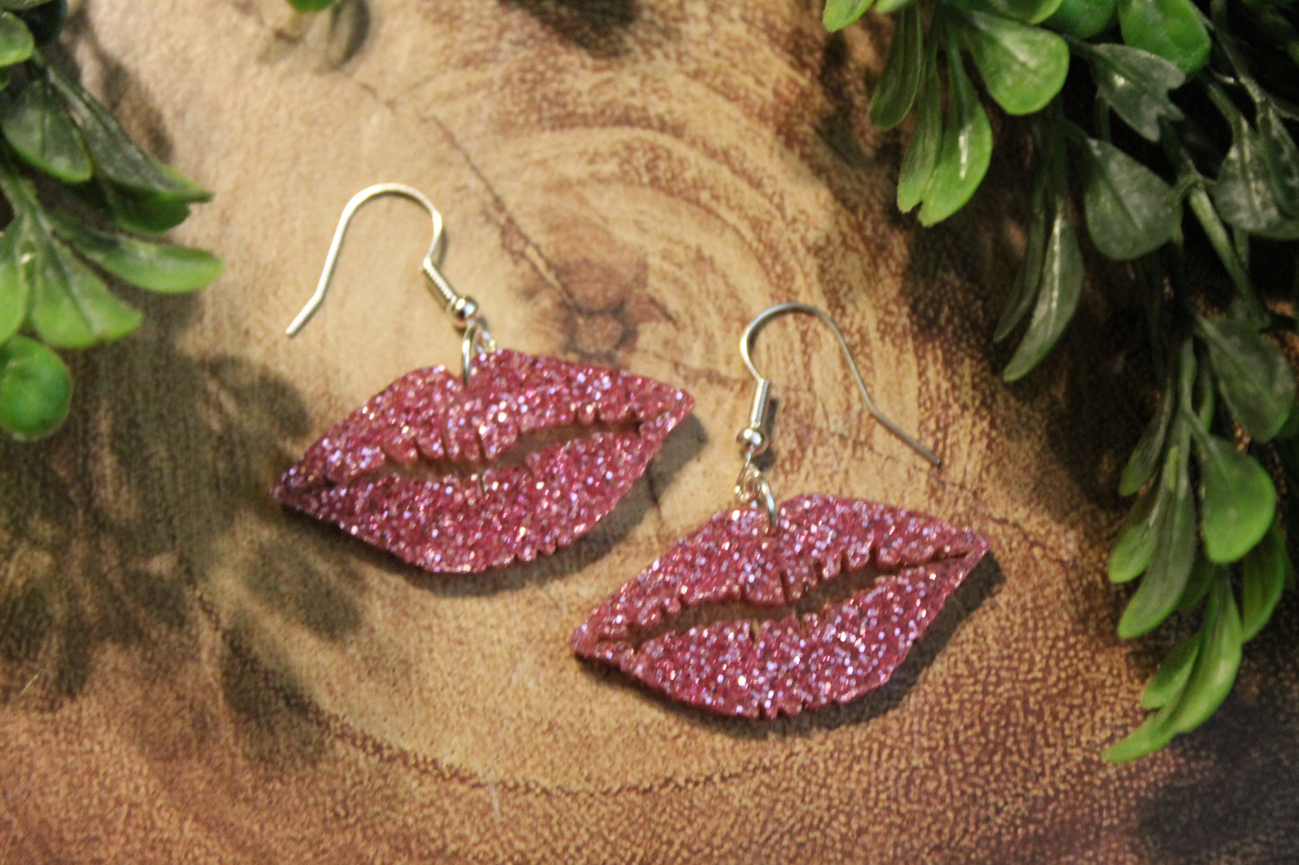 Pink Glitter Lips • Dangle Earrings