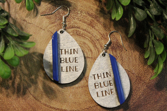 Thin Blue Line | Wood 3D Teardrop Dangle Earrings