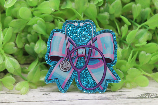 Pink & Blue Bow Stethoscope Badge Reel