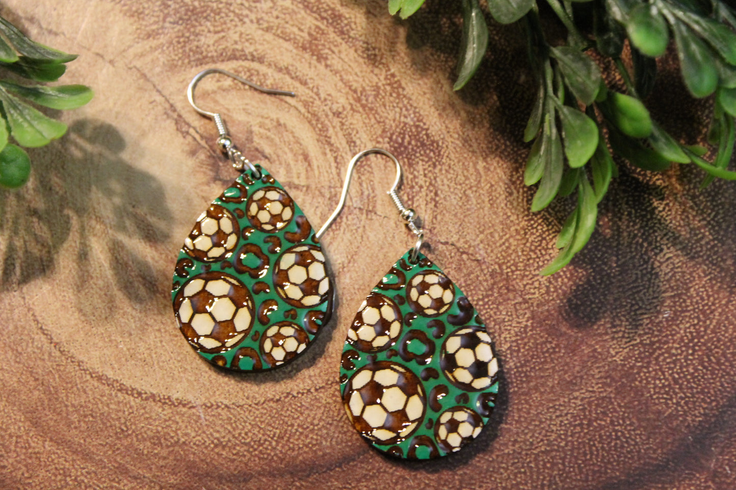 Soccer on Green Leopard | Teardrop Wood Dangle Earrings