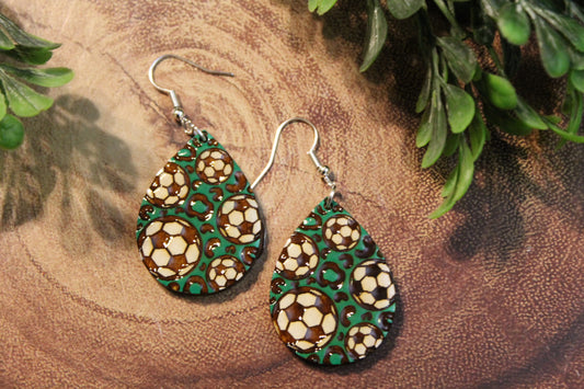 Soccer on Green Leopard | Teardrop Wood Dangle Earrings