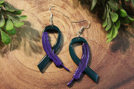 Suicide Awareness Ribbon & Feather | Wood Dangle Earrings