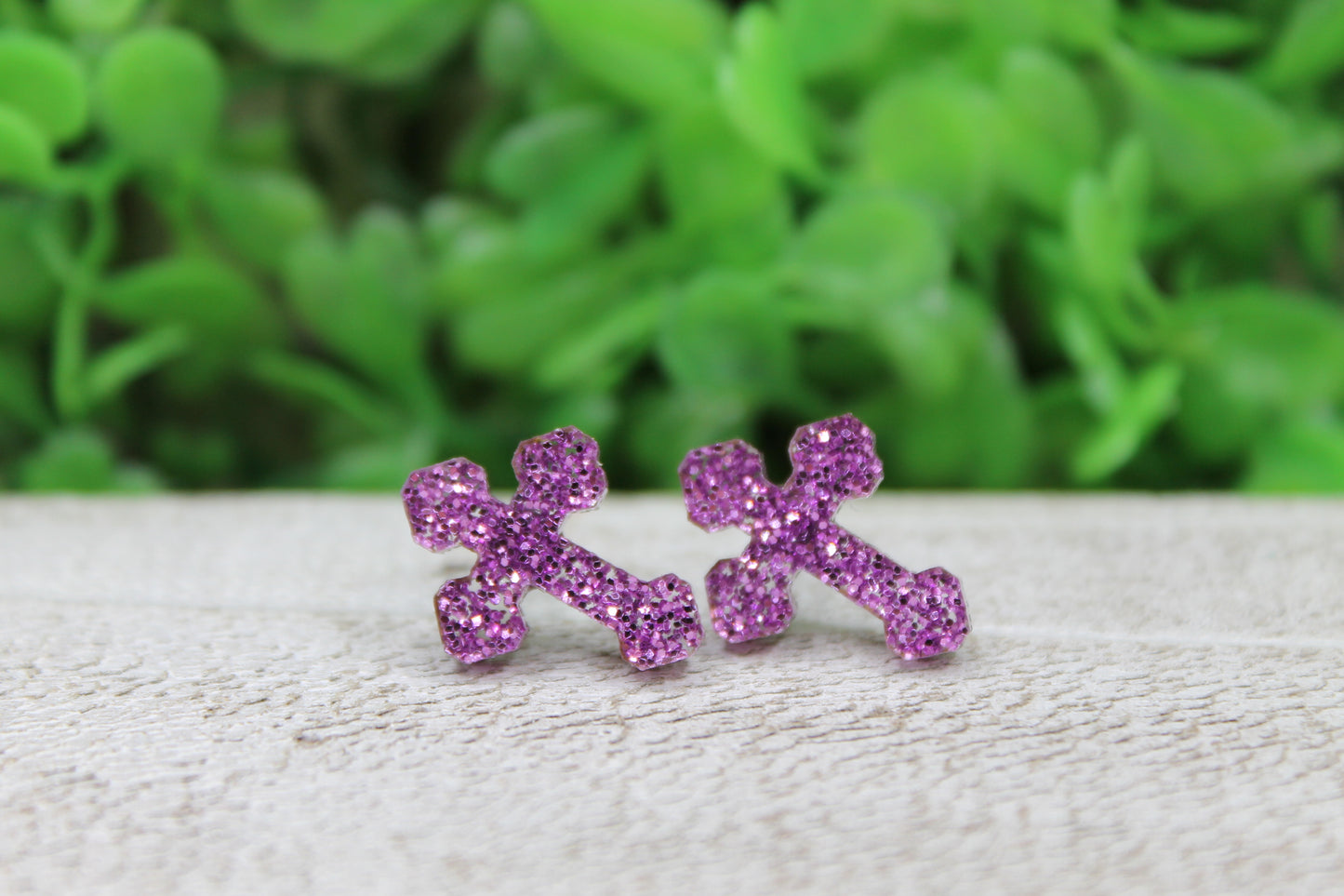 Purple Glitter Cross || 12mm Stud Earrings || Hypoallergenic