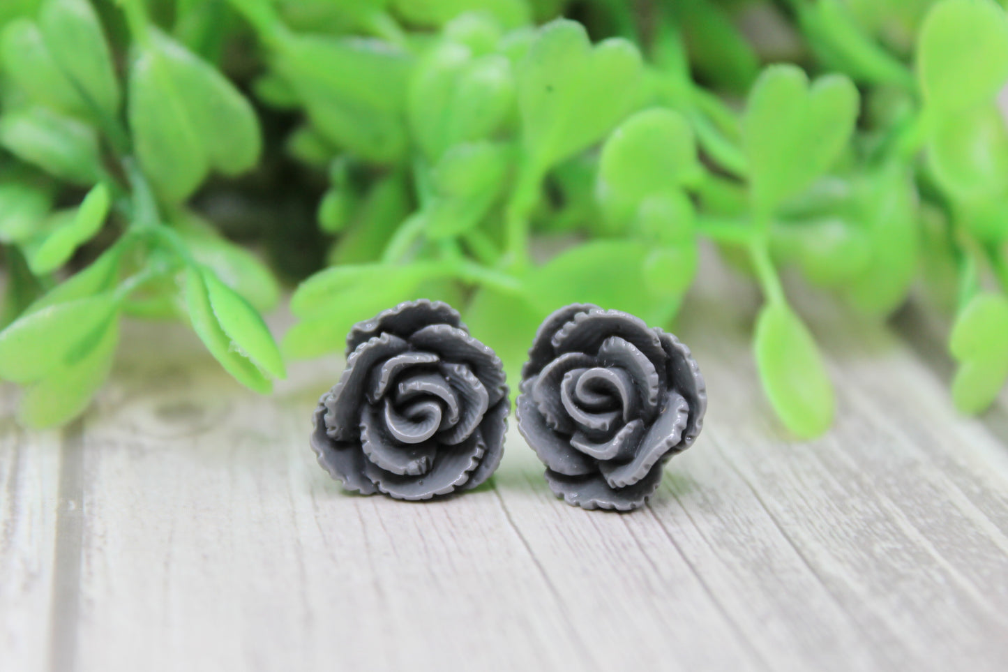 Dark Gray Rose Stud Earrings