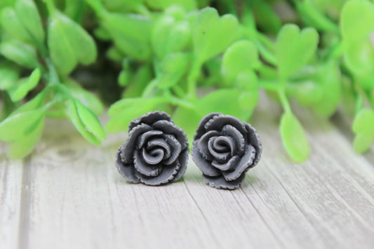 Dark Gray Rose Stud Earrings