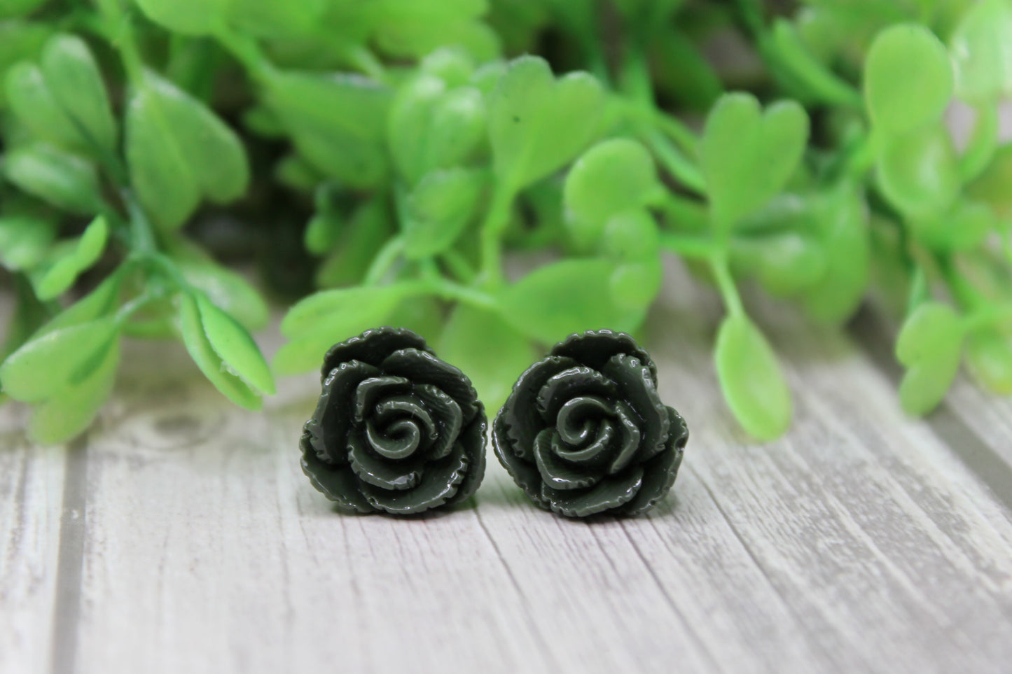 Dark Green Rose Stud Earrings