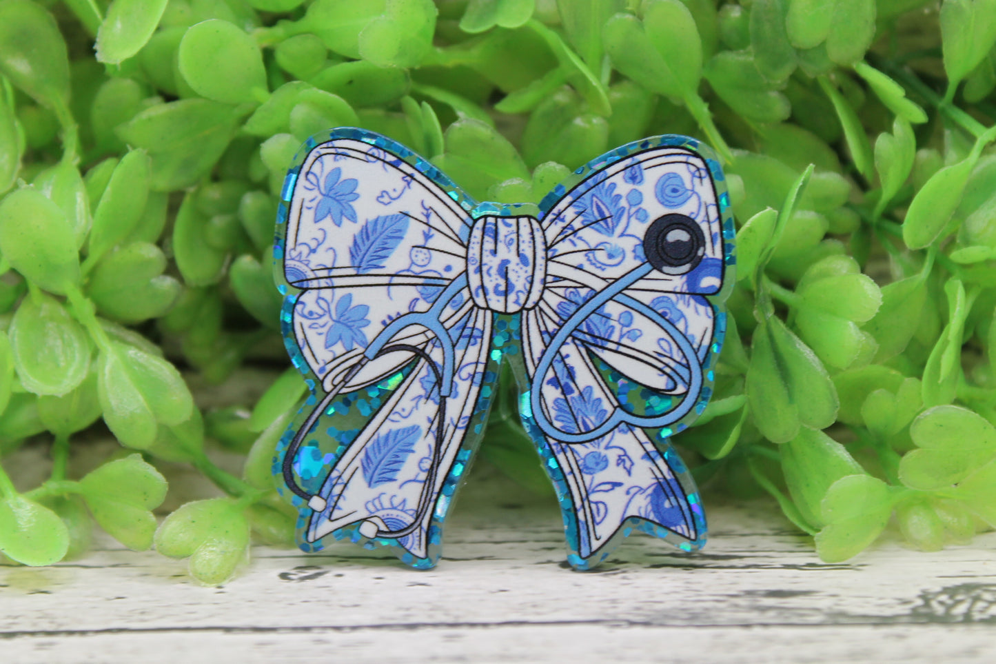 Blue Floral Stethoscope Badge Reel