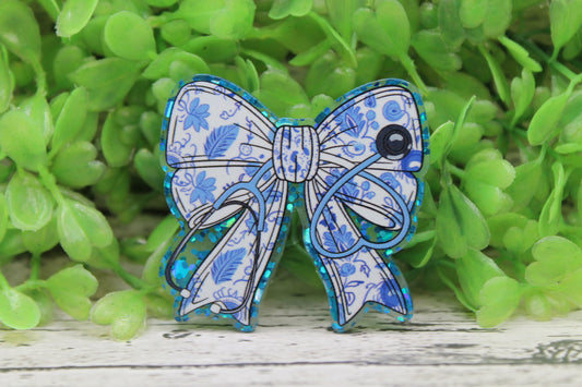 Blue Floral Stethoscope Badge Reel