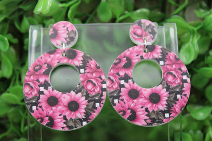 Pink Sunflower Circle Dangle Earrings