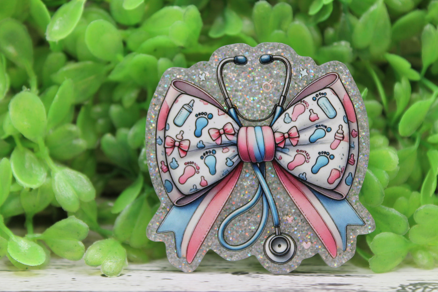 Pink and Blue Baby Feet NICU L&D Bow Stethoscope Badge Reel