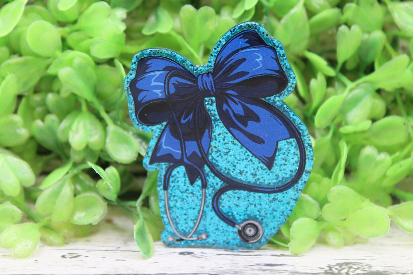 Dark Blue Bow Stethoscope on Blue Glitter Badge Reel