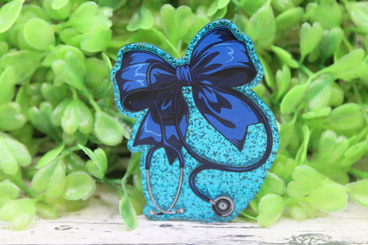 Dark Blue Bow Stethoscope on Blue Glitter Badge Reel