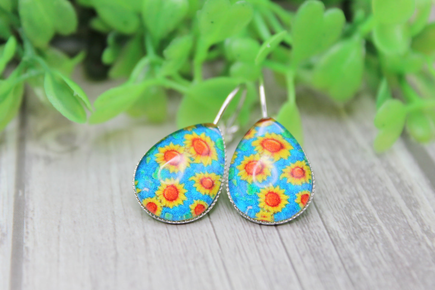 Sunflowers on Blue French Lever Earrings