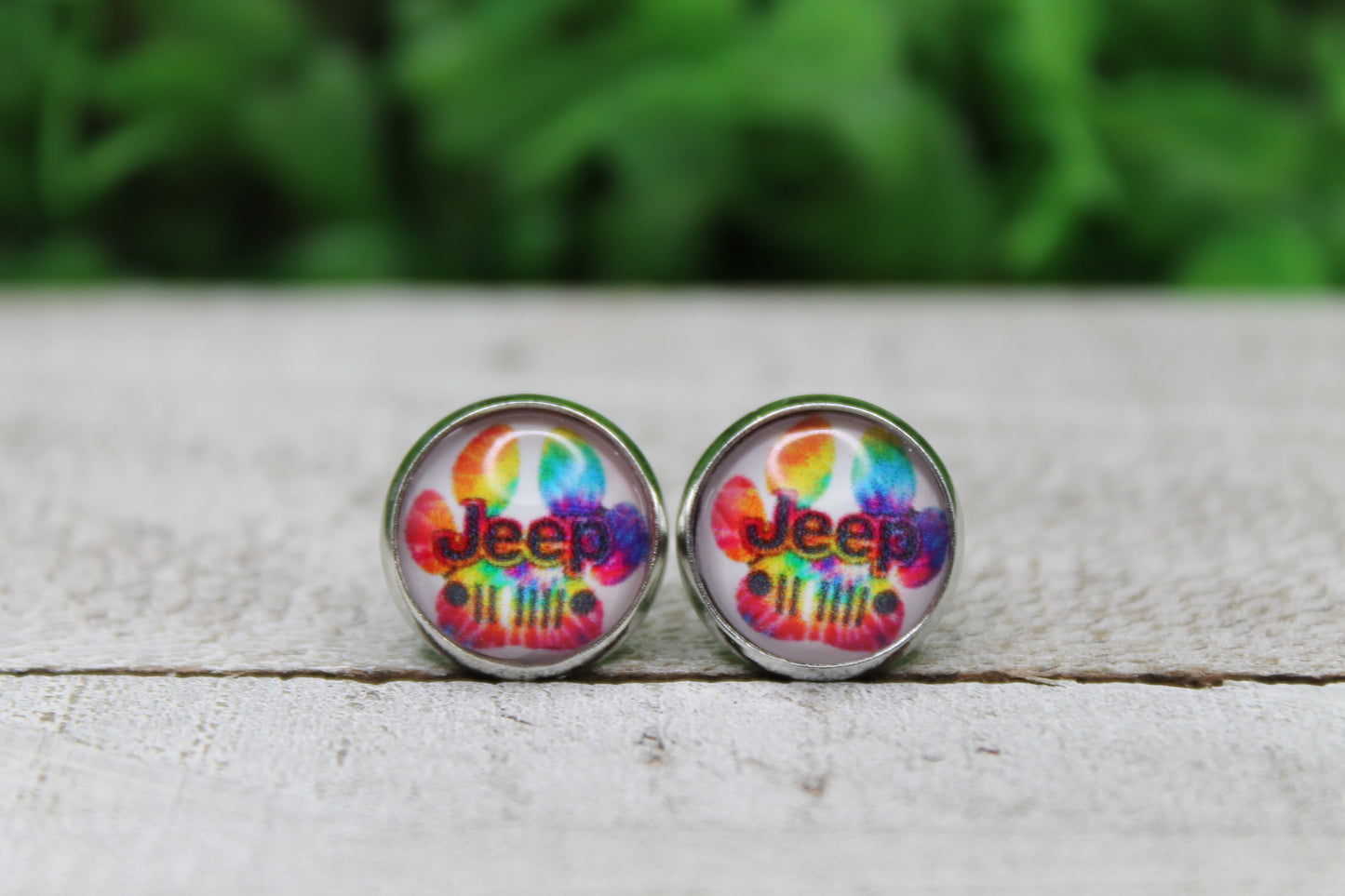 Tie Dye Paw Print Jeep 12mm Glass Stud Earrings || Hypoallergenic