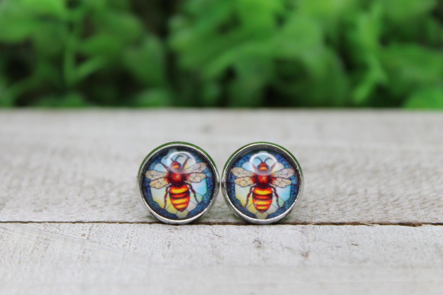 Stained Glass Honey Bee 12mm Glass Stud Earrings || Hypoallergenic