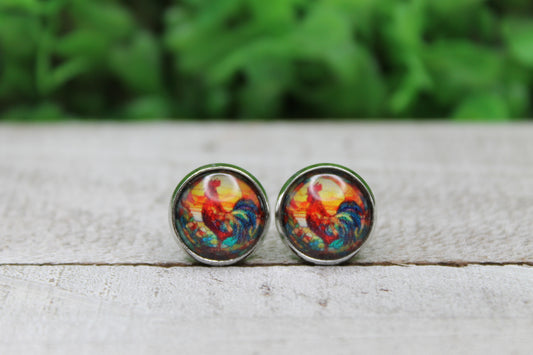 Stained Glass Rooster 12mm Glass Stud Earrings || Hypoallergenic