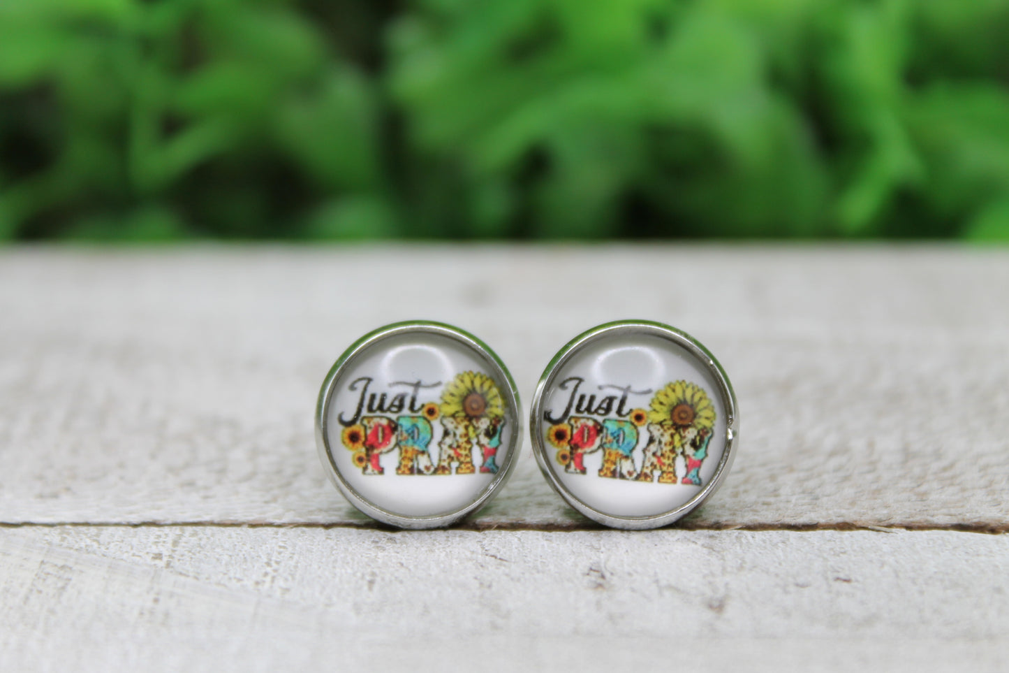 Just Pray 12mm Glass Stud Earrings || Hypoallergenic