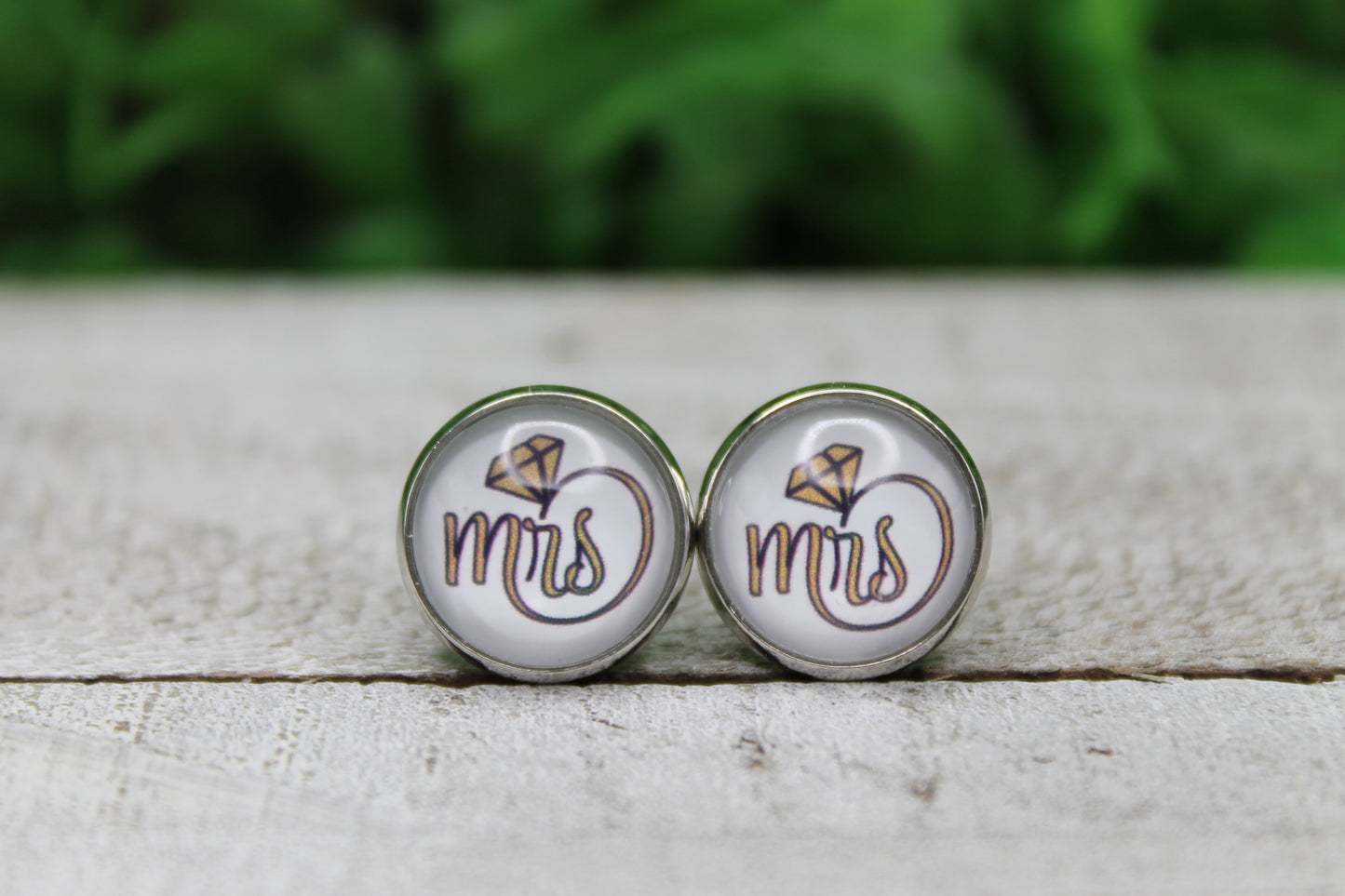 Mrs.  12mm Glass Stud Earrings || Hypoallergenic