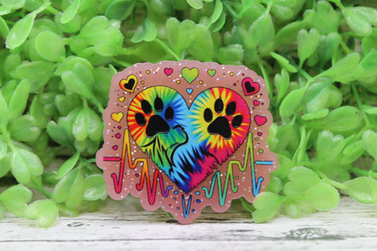Paw Print on Tie Dye Heart with Heartbeat Badge Reel