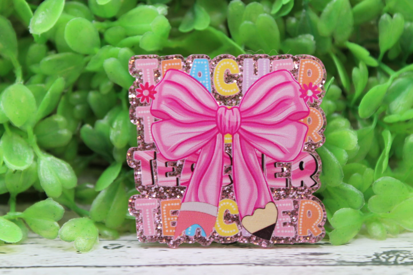 TEACHER Repeat Pink Pencil Bow Badge Reel