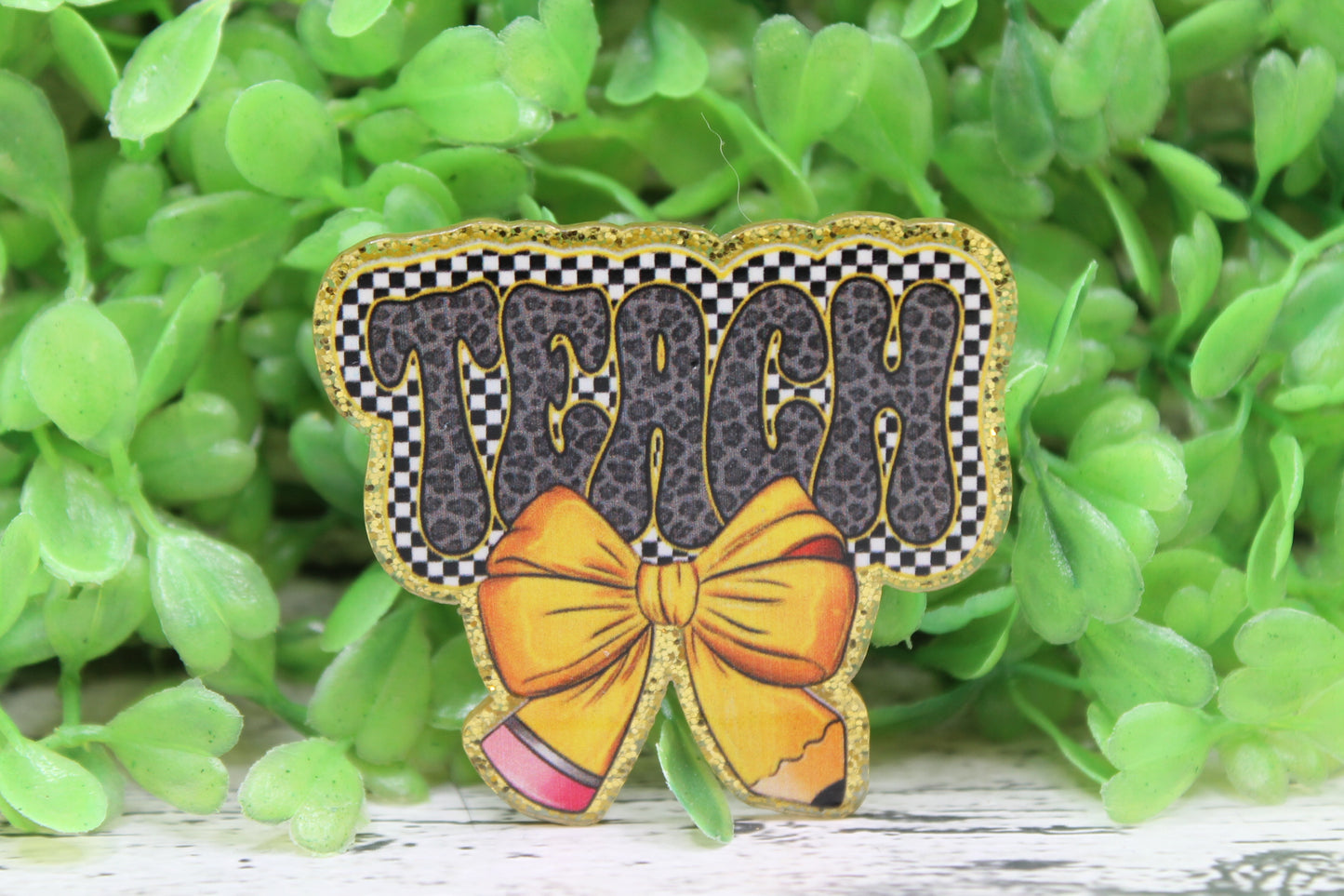 TEACHER Checkered Yellow Pencil Bow Badge Reel