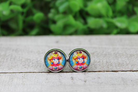 Stained Glass Princess Peach 12mm Glass Stud Earrings