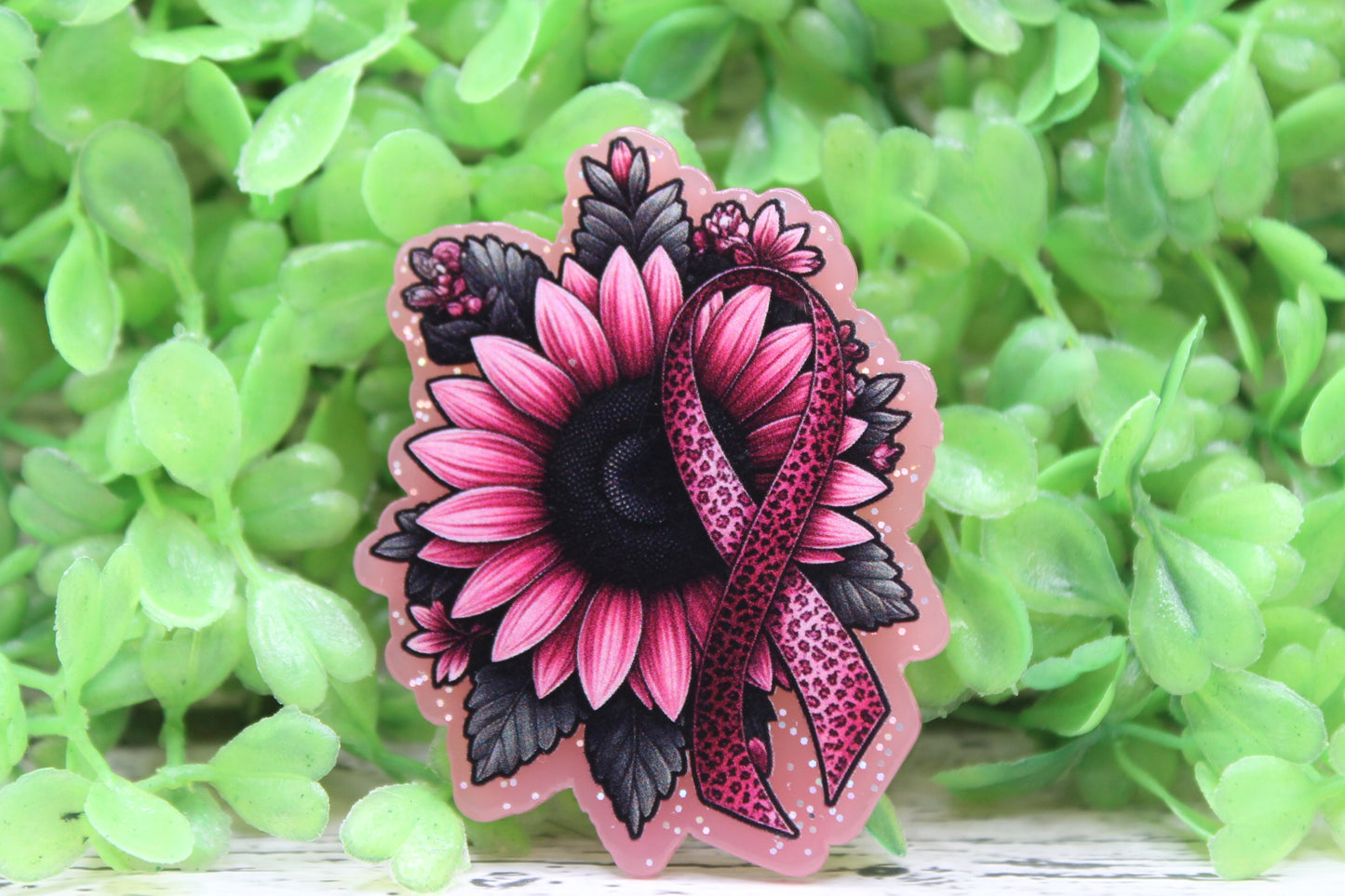 Pink Sunflower with Ribbon Breast Cancer Awareness Badge Reel