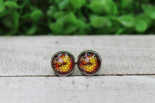 Stained Glass Honeycomb & Bee 12mm Glass Stud Earrings