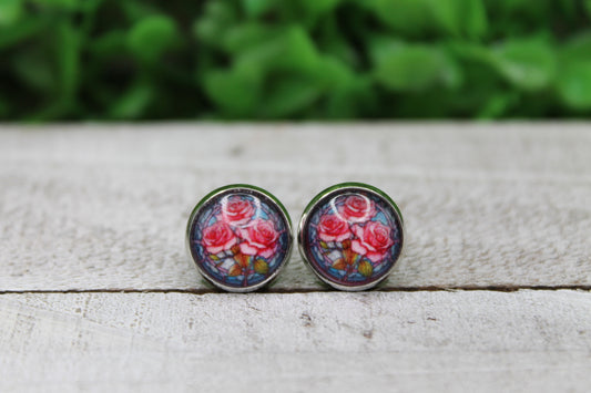 Stained Glass Pink Roses 12mm Glass Stud Earrings