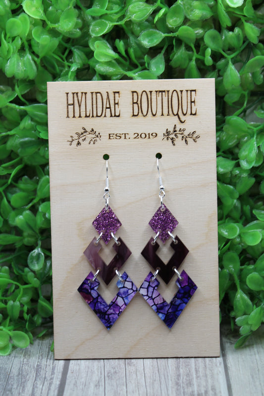 Purple Print Diamond Trio Dangle Earrings