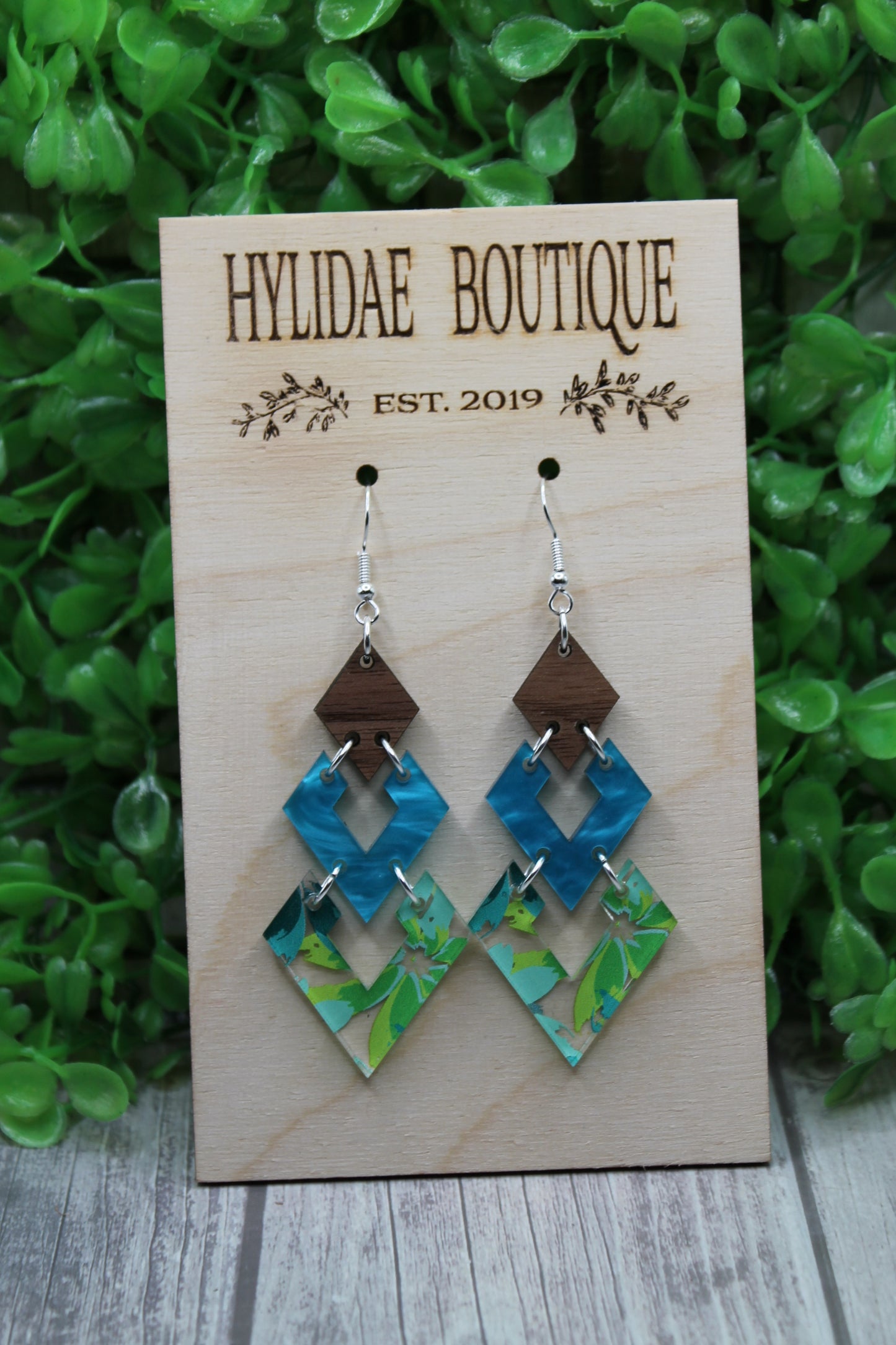 Blue Green Teal Print Diamond Trio Dangle Earrings