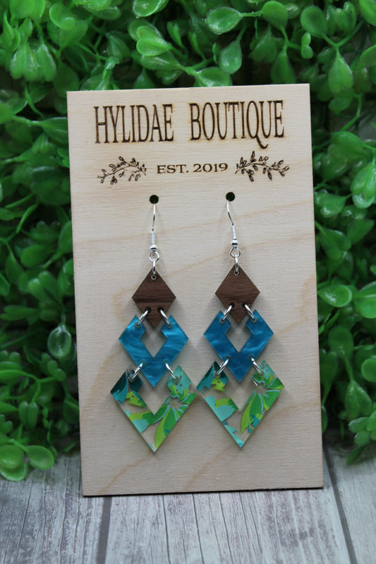 Blue Green Teal Print Diamond Trio Dangle Earrings